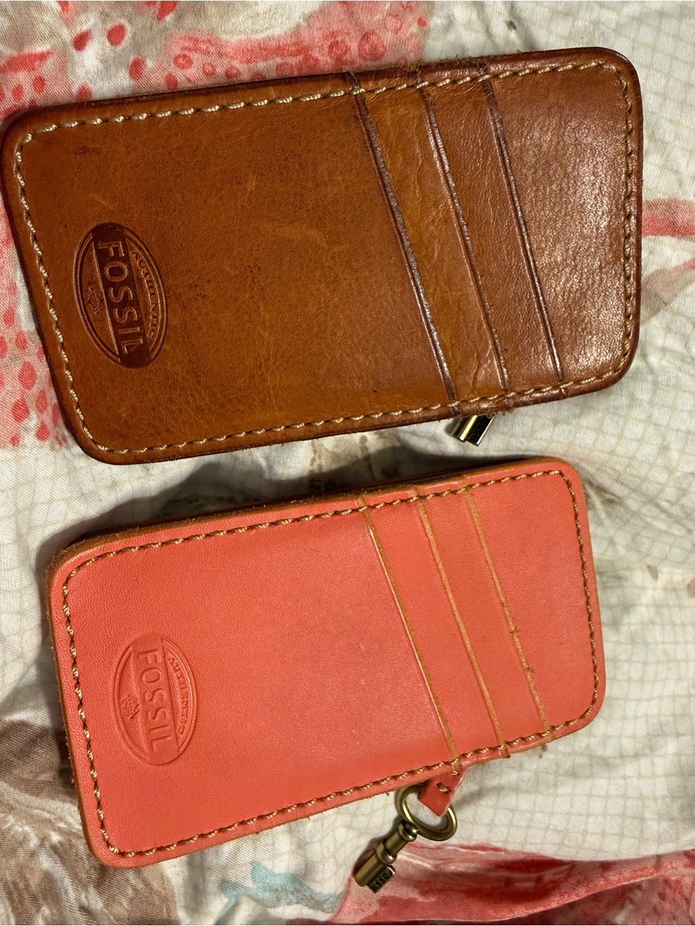 Fossil Leather Card & Key Holders in Brown and Coral